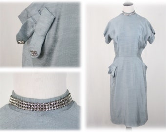 1950s Wiggle Dress Rhinestone Trim Elinor Gay Original Pocket Detail