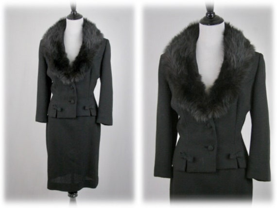 1950s Lilli Ann Suit Fox Collar Black Wool Skirt S