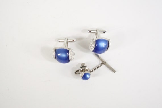 Vintage Cuff Links and Tie Clasp Blue Moon Glow S… - image 4