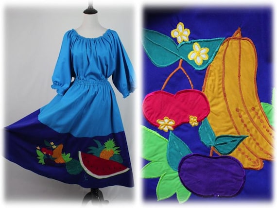 Vintage 1990s Skirt and Blouse Southern Image Set Fruit Salad Applique Dress Set Medium