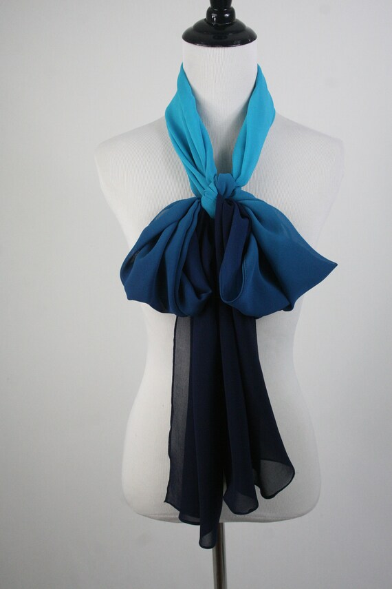 Vintage Scarf Silk Chiffon Large Oblong Blue Ombr… - image 5