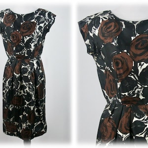 1950s Dress Silk Brown Rose Wiggle Dress by Rembrandt