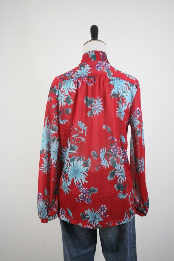 Vintage 1970s Blouse Pussy Bow Semi Sheer Floral … - image 7