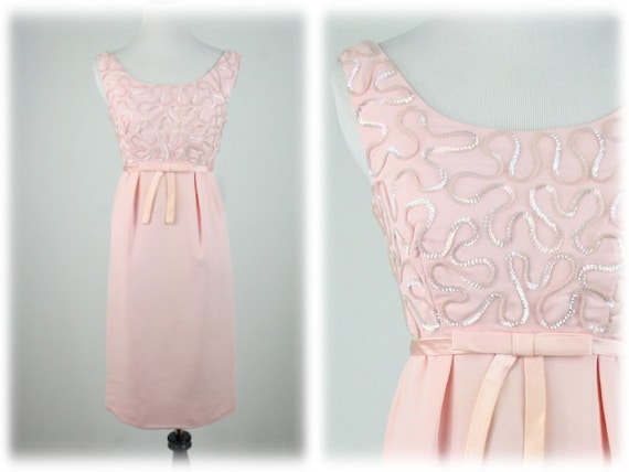 1960s Dress Pink Sequined Wiggle Dress Bridesmaid… - image 1