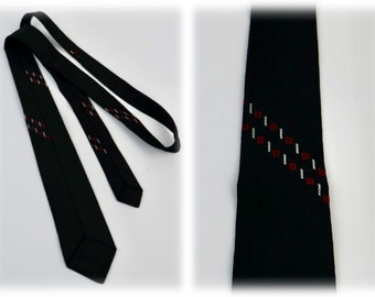 Vintage 1960s Necktie Black Red Accent Skinny Tie