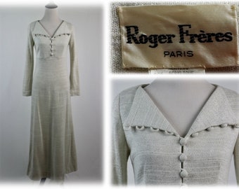 Vintage 1970s Dress Silver Lurex Knit Roger Freres Paris Maxi Dress