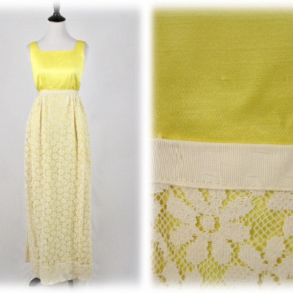 1960s Bright Yellow Sunflower Lace Long Prom Dress