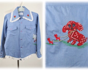 1970s Childs Work Shirt Custom Decorated Dogs and Cat Ruffled Sears Blouse Size 10 Boys
