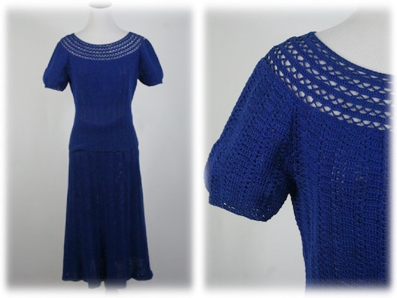 Vintage 1930s Crocheted Royal Blue Skirt and Blou… - image 1