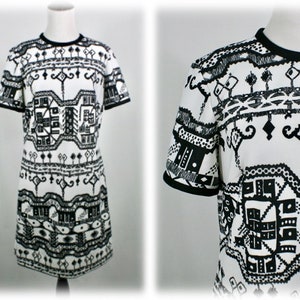 1970s Dress Black and White Polyester Knit Mini Dress
