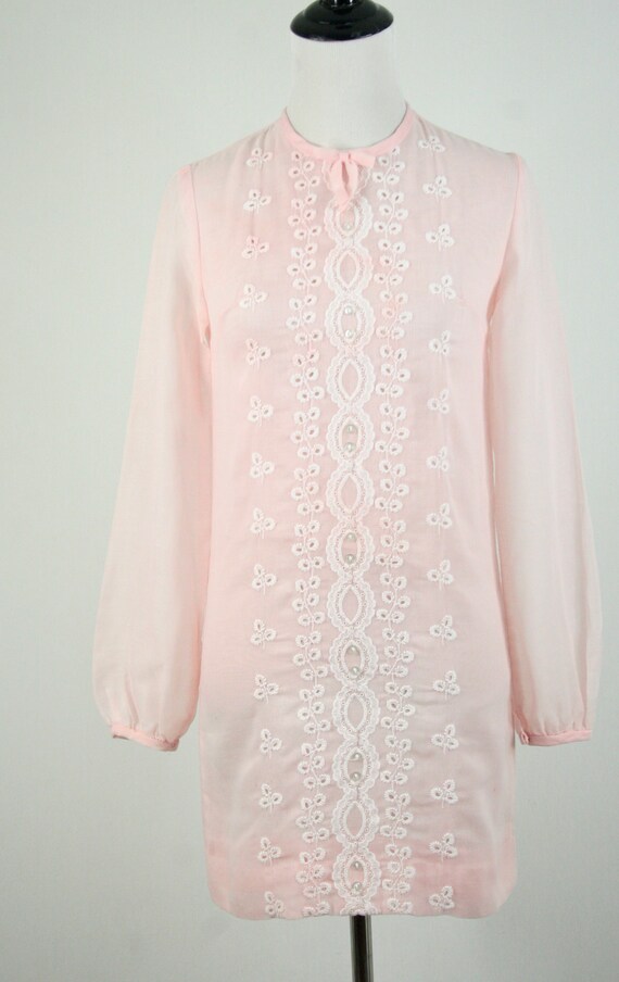 1960s Dress Pale Pink Cotton Voile Mini Dress - image 3