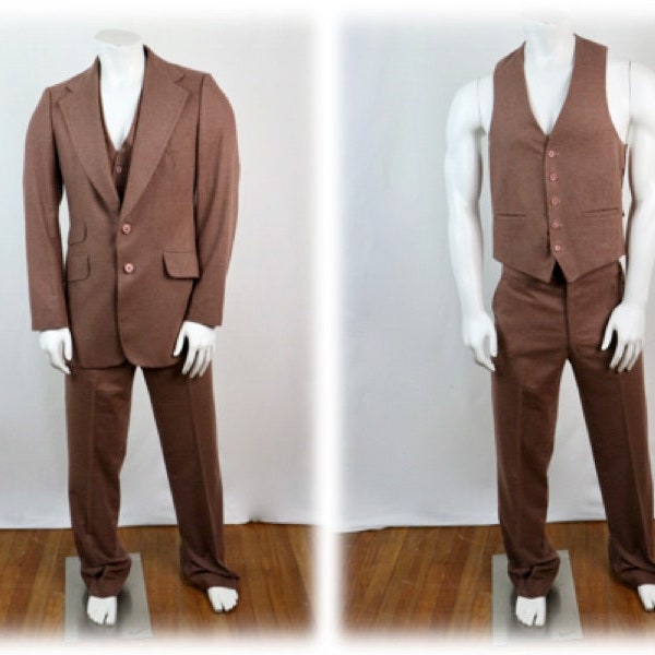 Vintage 1970s Suit Men's Three Piece Brown Brittany Suit