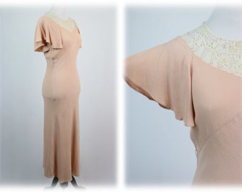 Vintage 1930s Dress Peach Rayon Crepe Bias Cut Dress