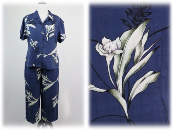 Hawaiian Pant and Blouse Set Silk Hilo Hattie Haw… - image 1