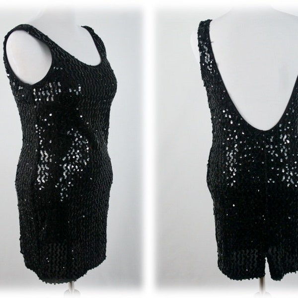 Vintage 1990s Dress Frederick's of Hollywood Black Sequined Wiggle Mini Dress Size 13/14