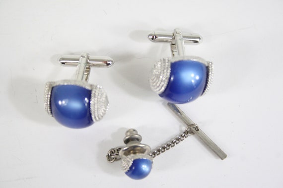 Vintage Cuff Links and Tie Clasp Blue Moon Glow S… - image 5