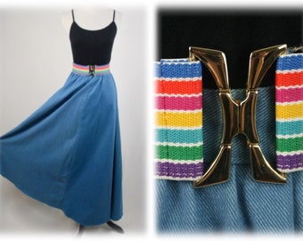 1970s Maxi Shirt Denim Long Full Skirt with Rainbow Elastic Belt