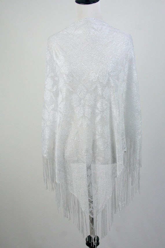 Vintage Shawl Silver Lurex Fringed Triangle Lace … - image 2