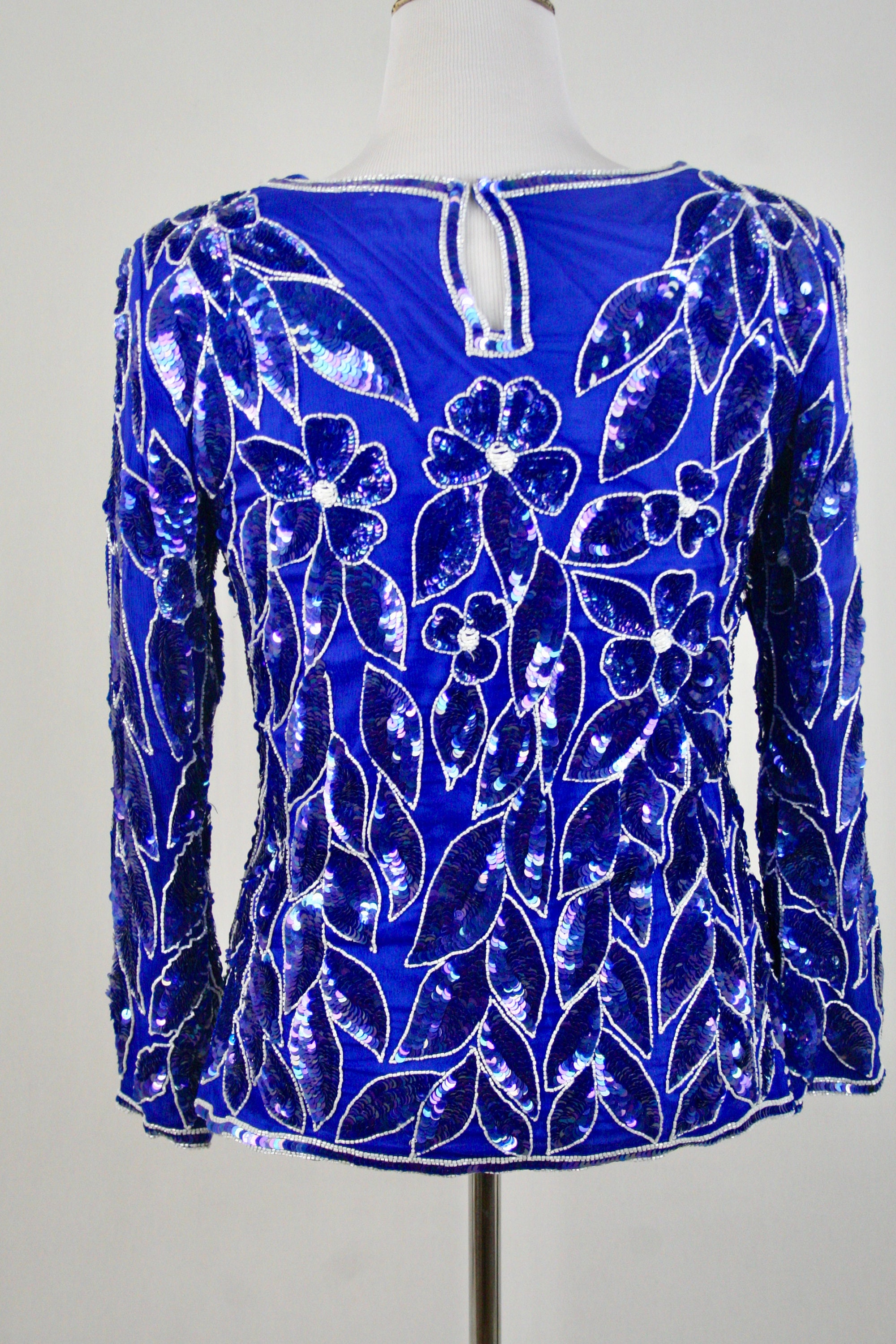 Vintage Blouse Sequined Beaded Cobalt Blue Evening Blouse - Etsy UK