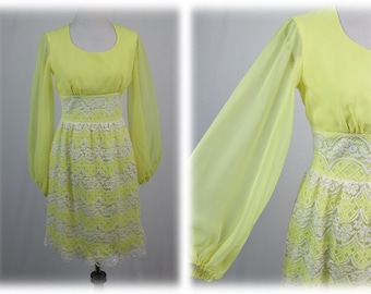Vintage 1970s Dress Nadine Yellow Chiffon and Lace Mini Dress