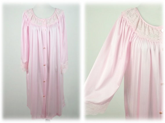 Vintage Robe Gilead Pink Nylon Lace Button Front … - image 1