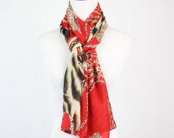 Vintage Scarf Oblong Red with Animal Print Large Scarf