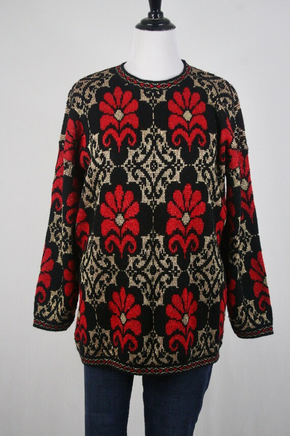 1980s Sweater Metallic Gold and Red Oversized Pul… - image 3