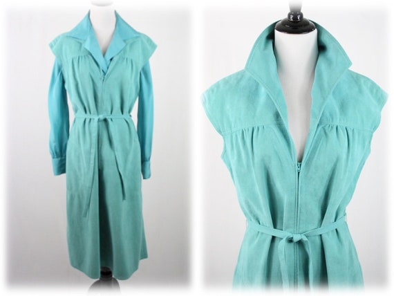 1970s Vera Maxwell Ultra Suede Turquoise Dress Bo… - image 1