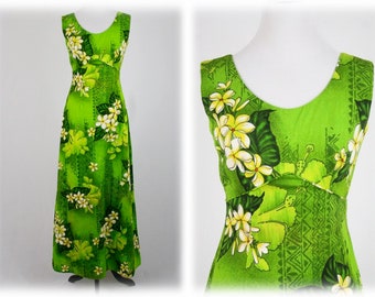 1970s Hawaiian Maxi Dress Green Barkcloth by Royal Hawaiian
