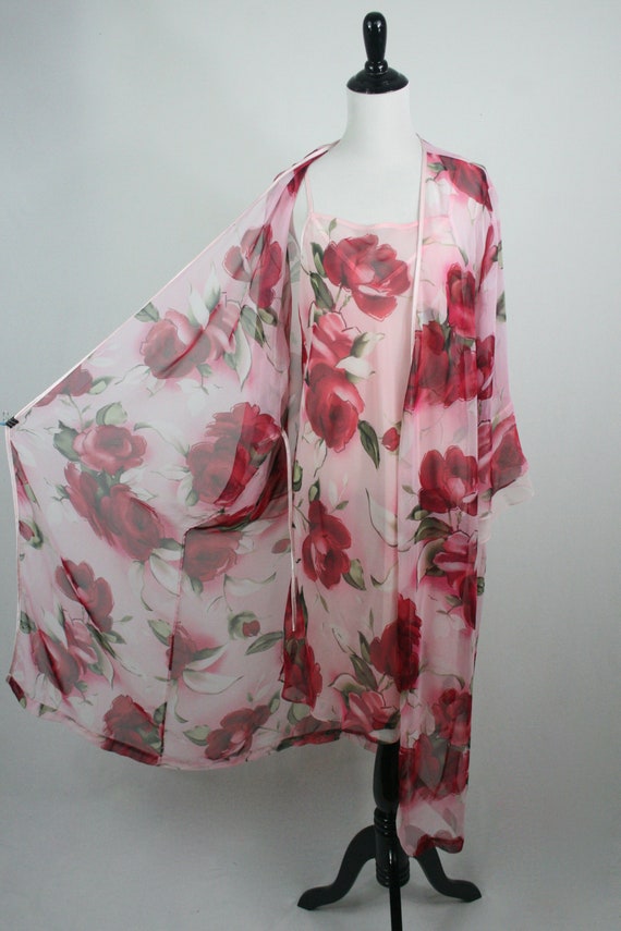 Vintage 1990s Peignoir Set Roses Printed Chiffon … - image 4