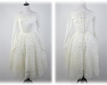 Vintage 1950s Wedding Dress Lace Tea Length Bridal Gown