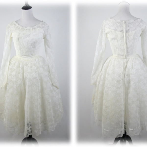 Vintage 1950s Wedding Dress Lace Tea Length Bridal Gown