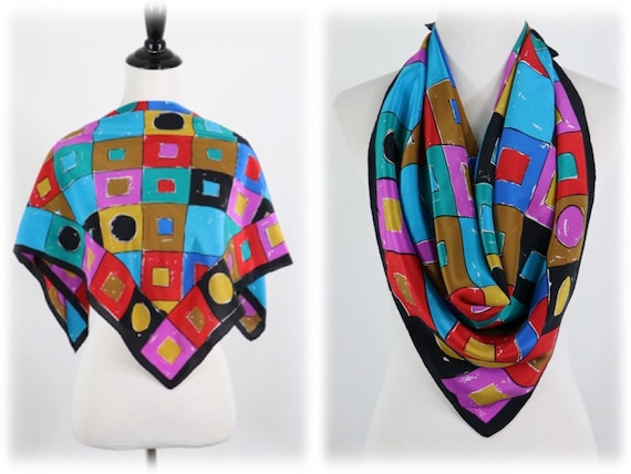 Vintage Scarf Silk Bright Colors Square Scarf - image 1
