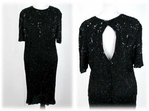 1980s Beaded Dress Black Silk Keyhole 