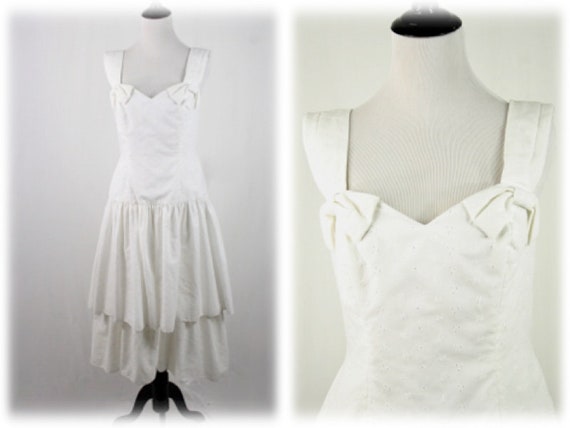 1980s White Cotton Eyelet Dress Ruffled Skirt Sund
