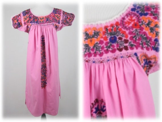 Vintage Dress Oaxacan Mexican Embroidered Pink Dre