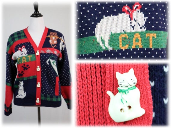 1990s Sweater Cat Novelty Cardigan Sweater by Swe… - image 1