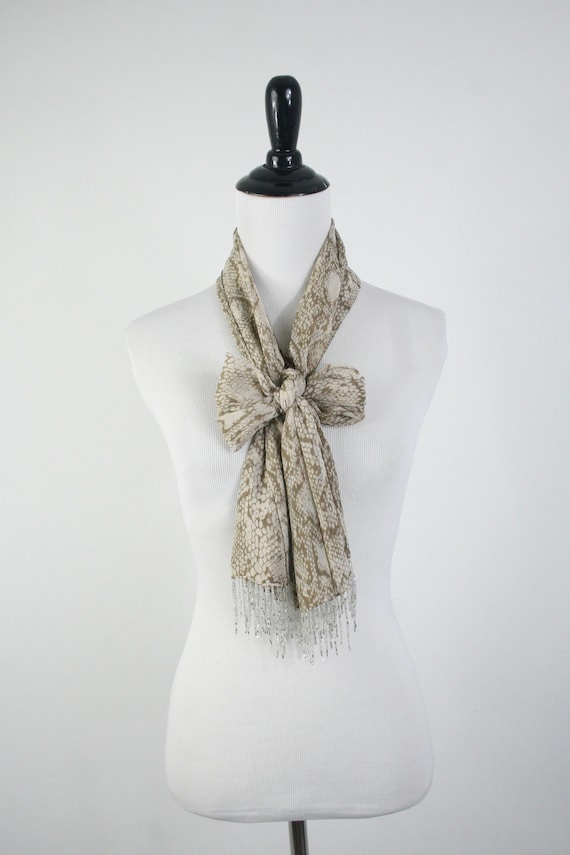 Vintage Scarf Liz Claiborne Silk Snake Print Bead… - image 1