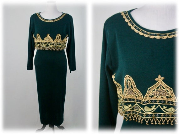 Vintage Dress Carole Little Forest Green Knit Bea… - image 1