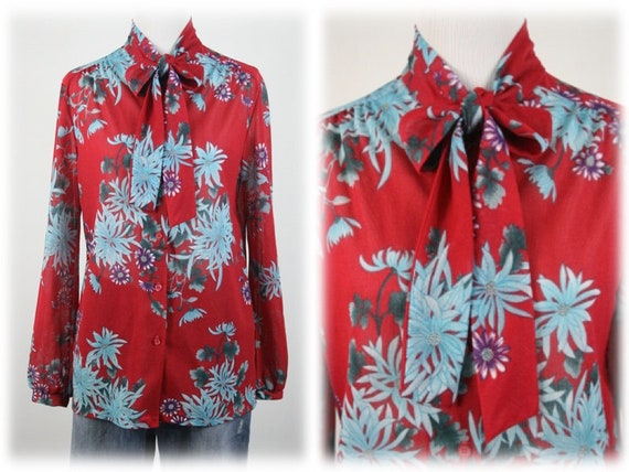 Vintage 1970s Blouse Pussy Bow Semi Sheer Floral … - image 1