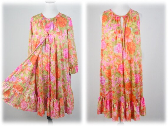 1960s Peignoir Set Rose Print Nylon Robe and Night