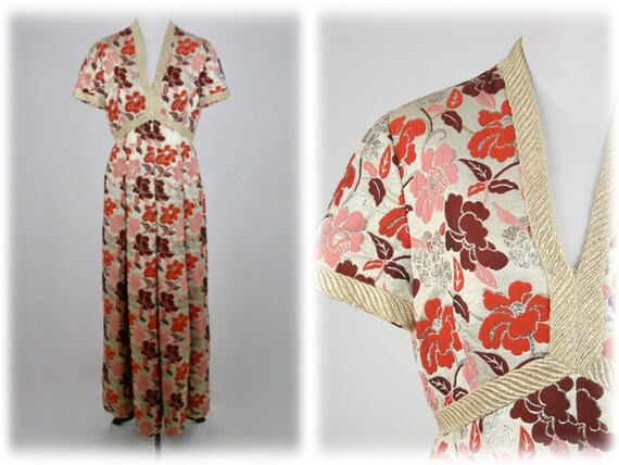 1970s Dress Metallic Gold Brocade Evening Maxi Dre