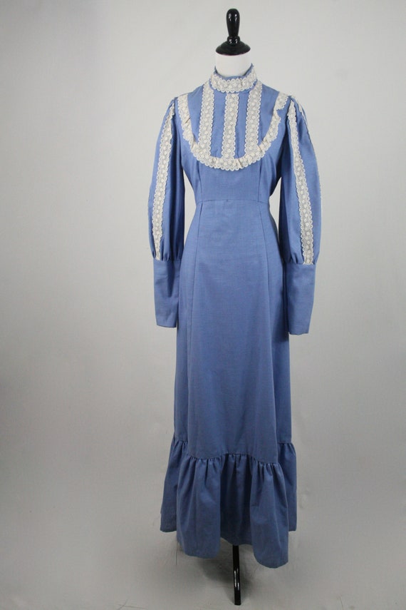 1970s Maxi Dress Blue Cotton Granny Long Dress - Gem