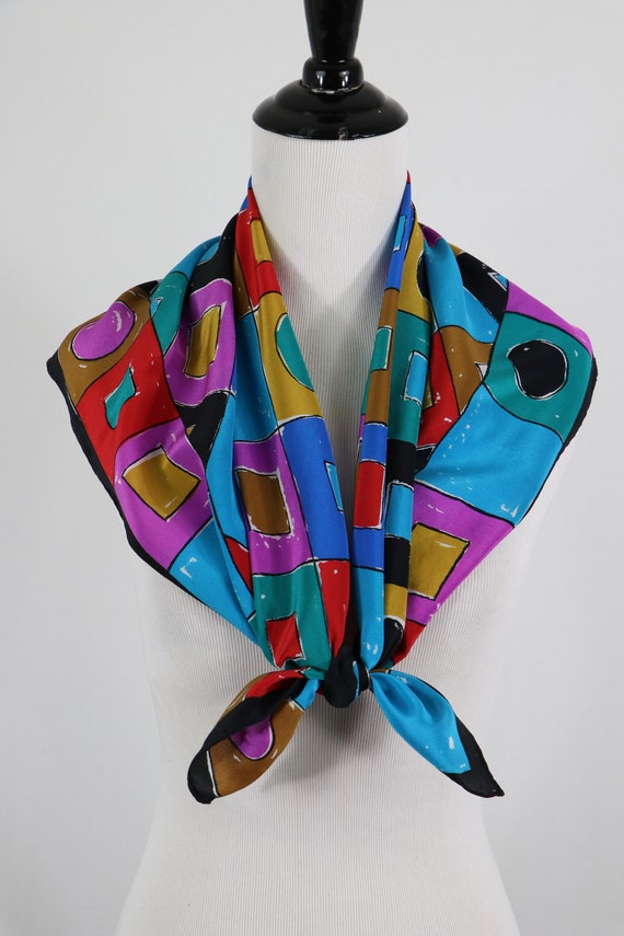 Vintage Scarf Silk Bright Colors Square Scarf - image 7