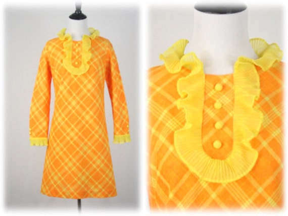 1960s Dress Orange Yellow Plaid Ruffled Jody of C… - image 1
