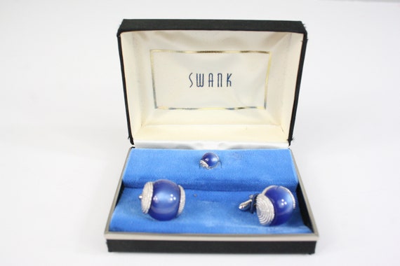 Vintage Cuff Links and Tie Clasp Blue Moon Glow S… - image 2