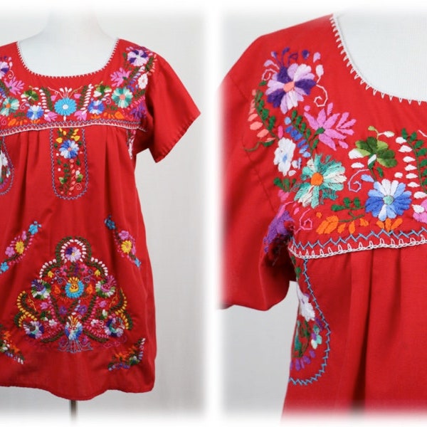 Vintage Mexican Dress Red Embroidered Short Dress
