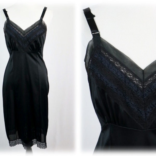 Vintage 1960s Slip Penney's Adonna Black Nylon Lace Full Slip Size 36