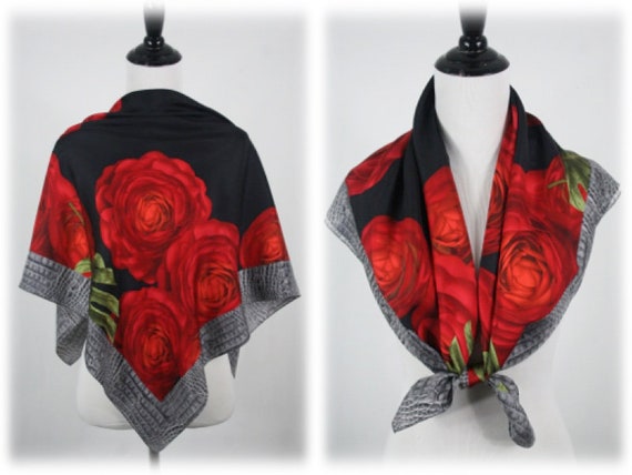 Vintage Scarf Silk Echo Rose Print Large Square S… - image 1