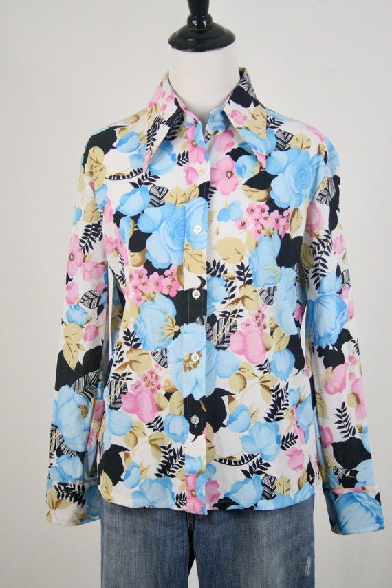 1970s Blouse Dagger Collar Floral Shirt Large - image 4